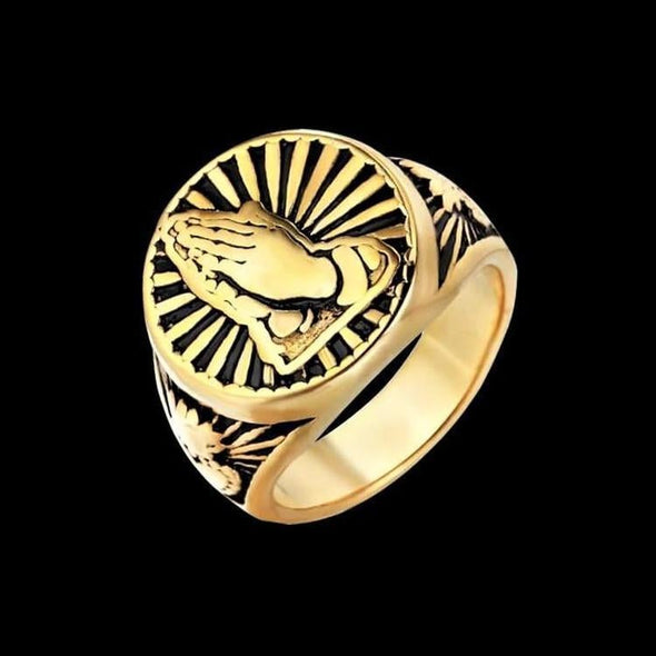 SACRED PRAYER HANDS GOLD RING